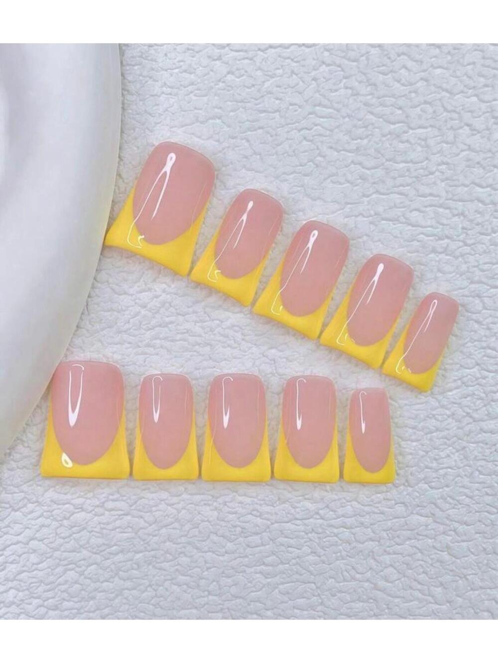 Short duck/flared Press on nails yellow French tips nude handmade custom gel